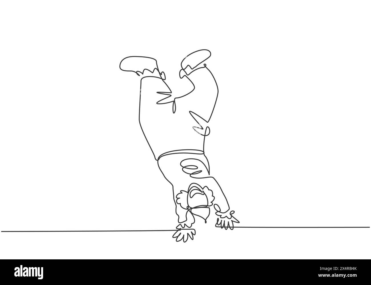 Continuous one line drawing male clowns perform handstand stunts which amaze all the audience. Really great show on the circus stage this time. Single Stock Vector