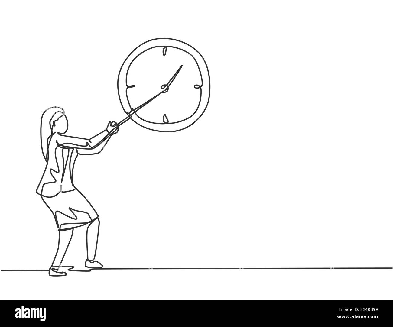 Continuous one line drawing young woman worker pulling clockwise of big ...