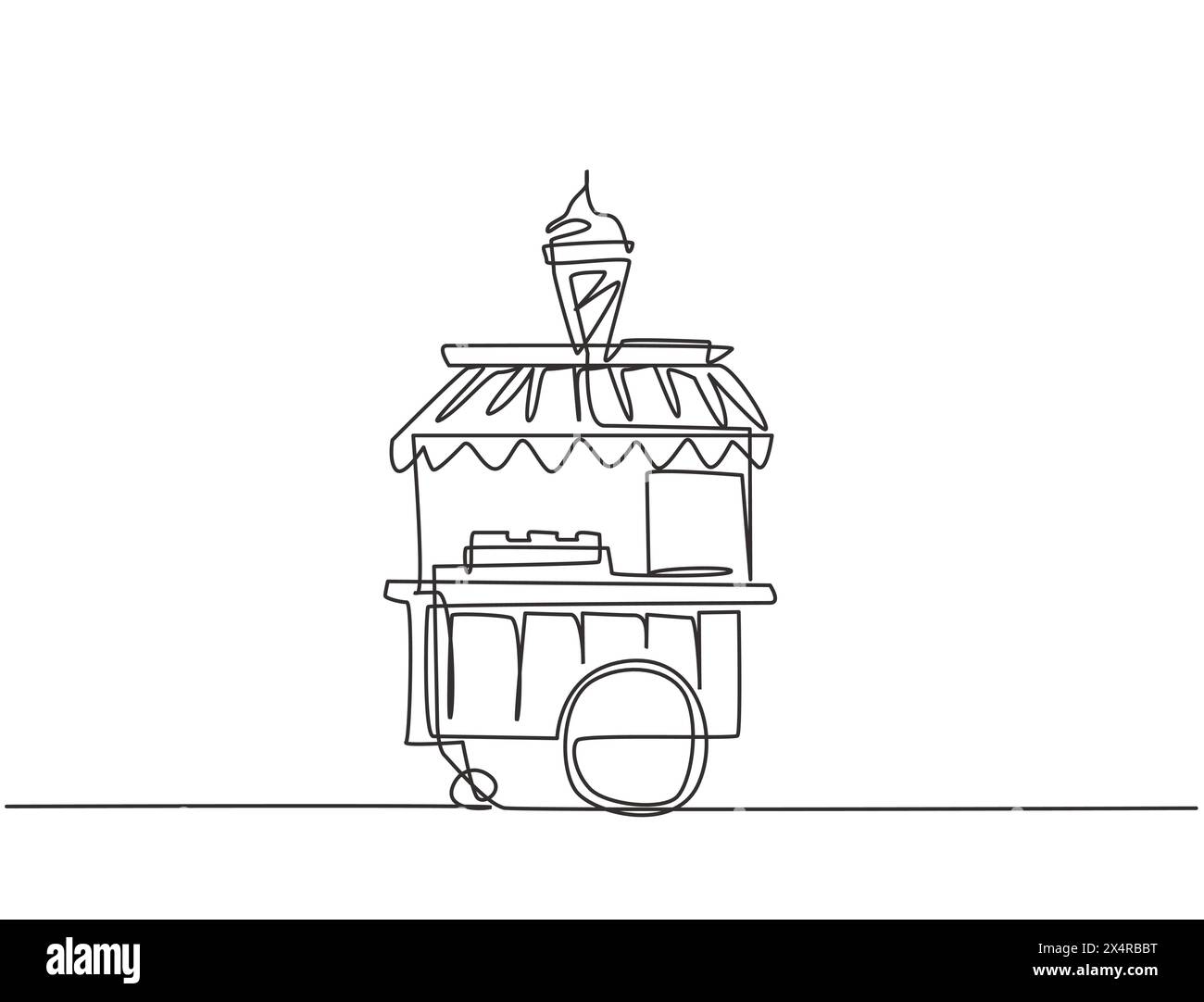 Single one line drawing of ice cream booth at amusement park using a two-wheeled cart with an ice cream logo. Sweet and very tasty food concept. Conti Stock Vector
