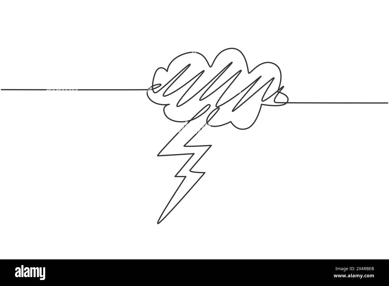 Single continuous line drawing of  flashing thunderbolt with heavy cloud in the sky. Daily natural weather phenomena concept. Minimalism dynamic one l Stock Vector