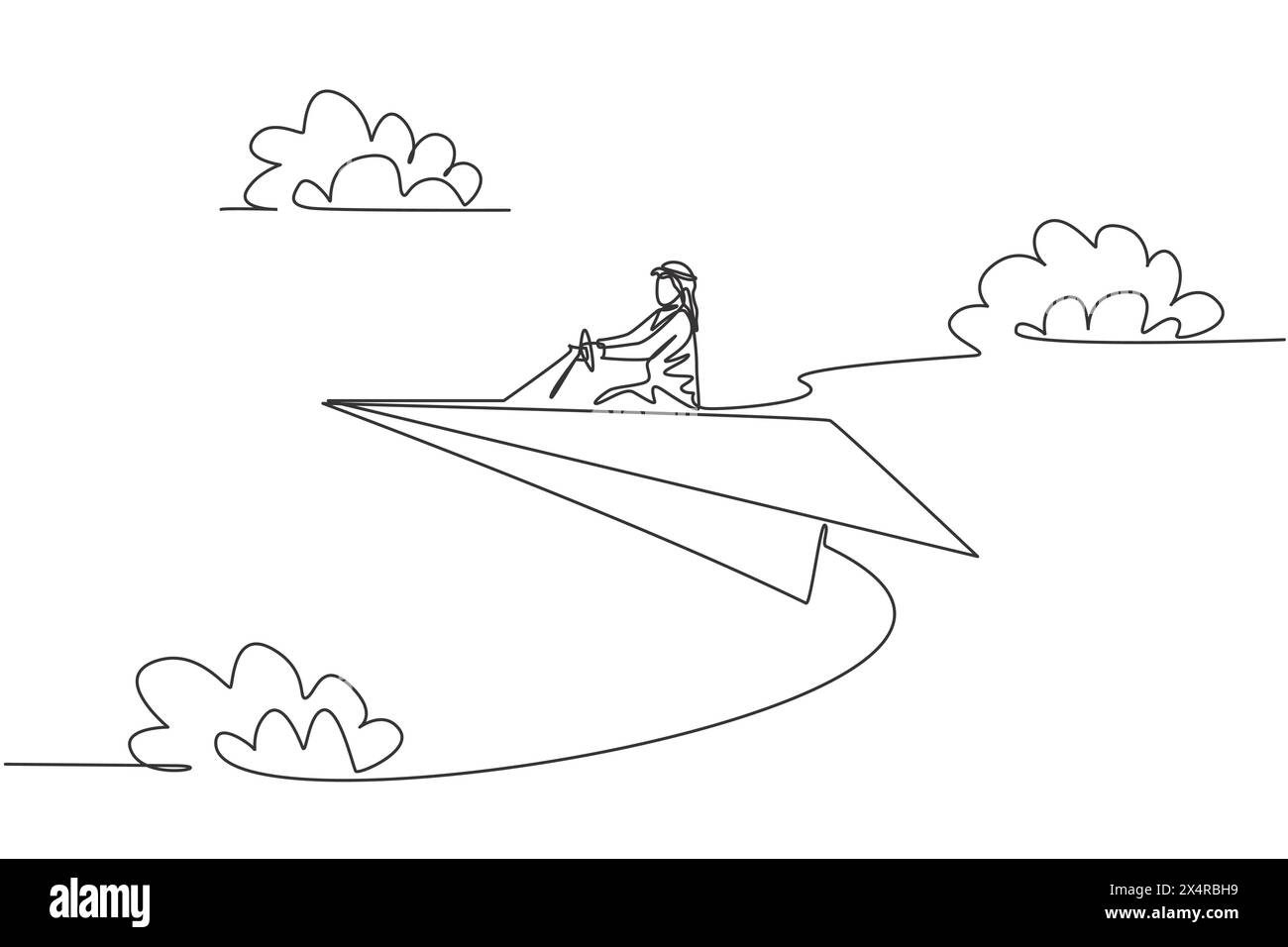 Continuous one line drawing of young Arab male worker flying with paper ...