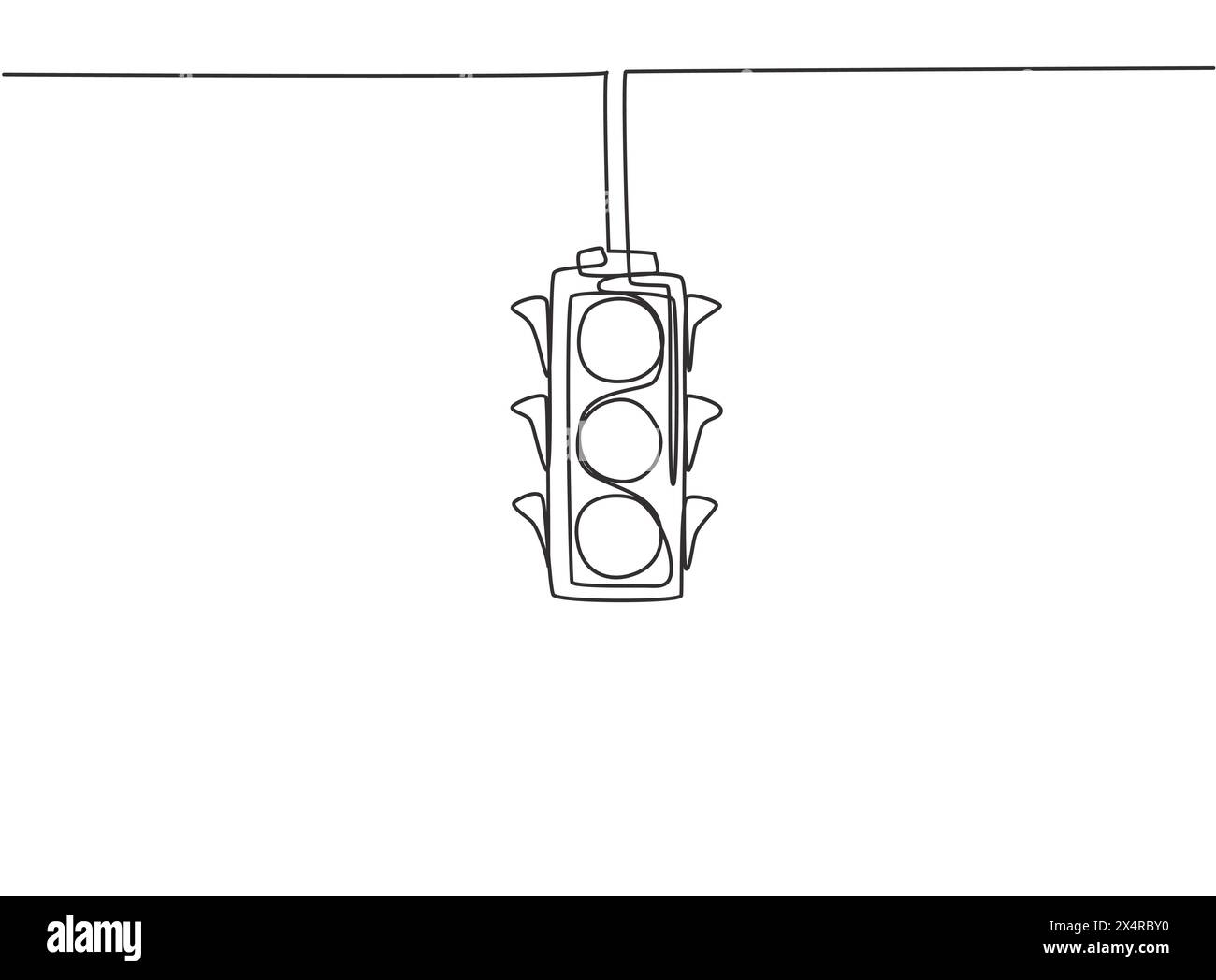 Single continuous line drawing of traffic lights that are placed hanging above the highway crossing. There are four direction traffic lights. Dynamic Stock Vector