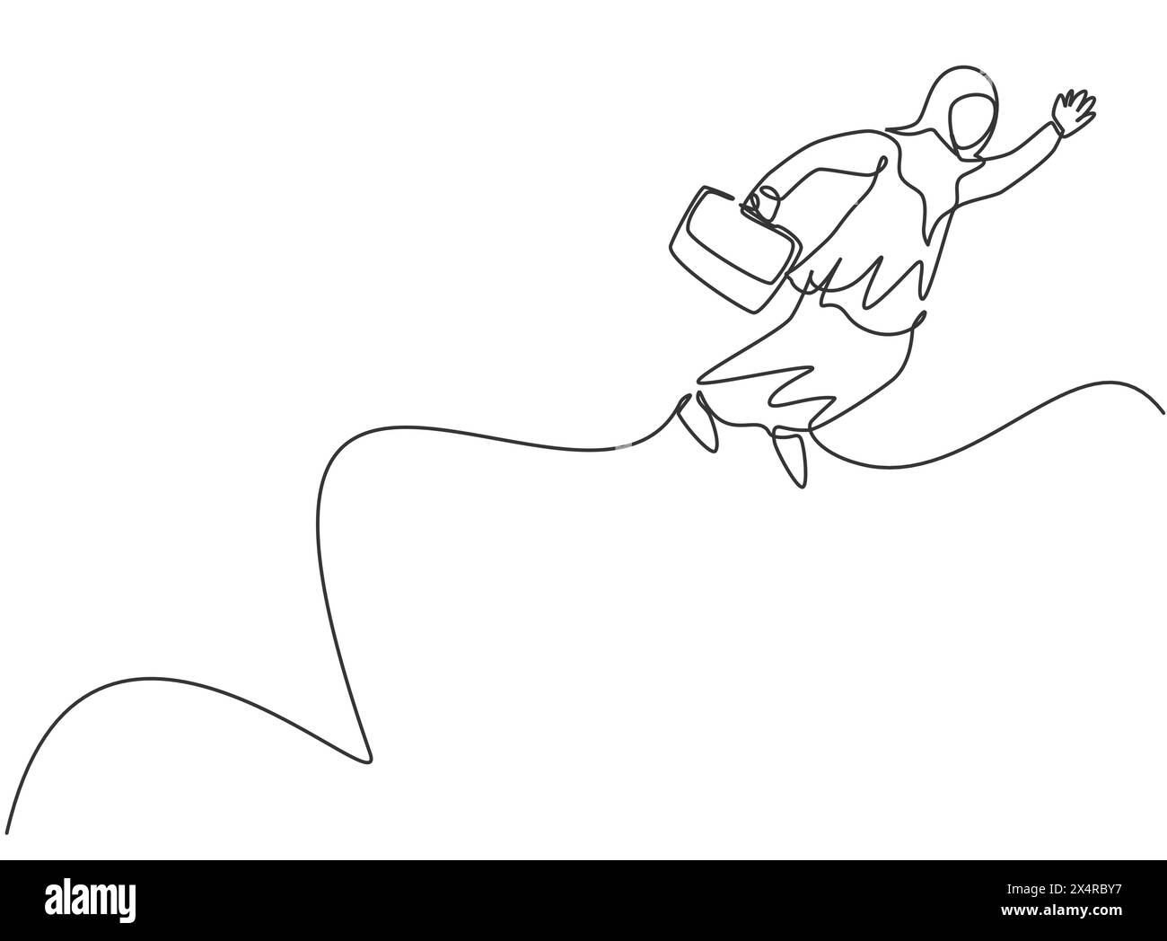 Single continuous line drawing young Arab business woman jumping high ...
