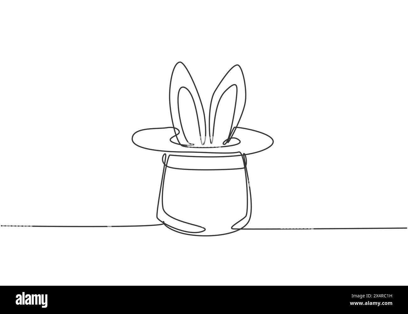 Single one line drawing the magic hat was turned upside down, then there were rabbit ears sticking out of it. A magic show at a circus performance. On Stock Vector