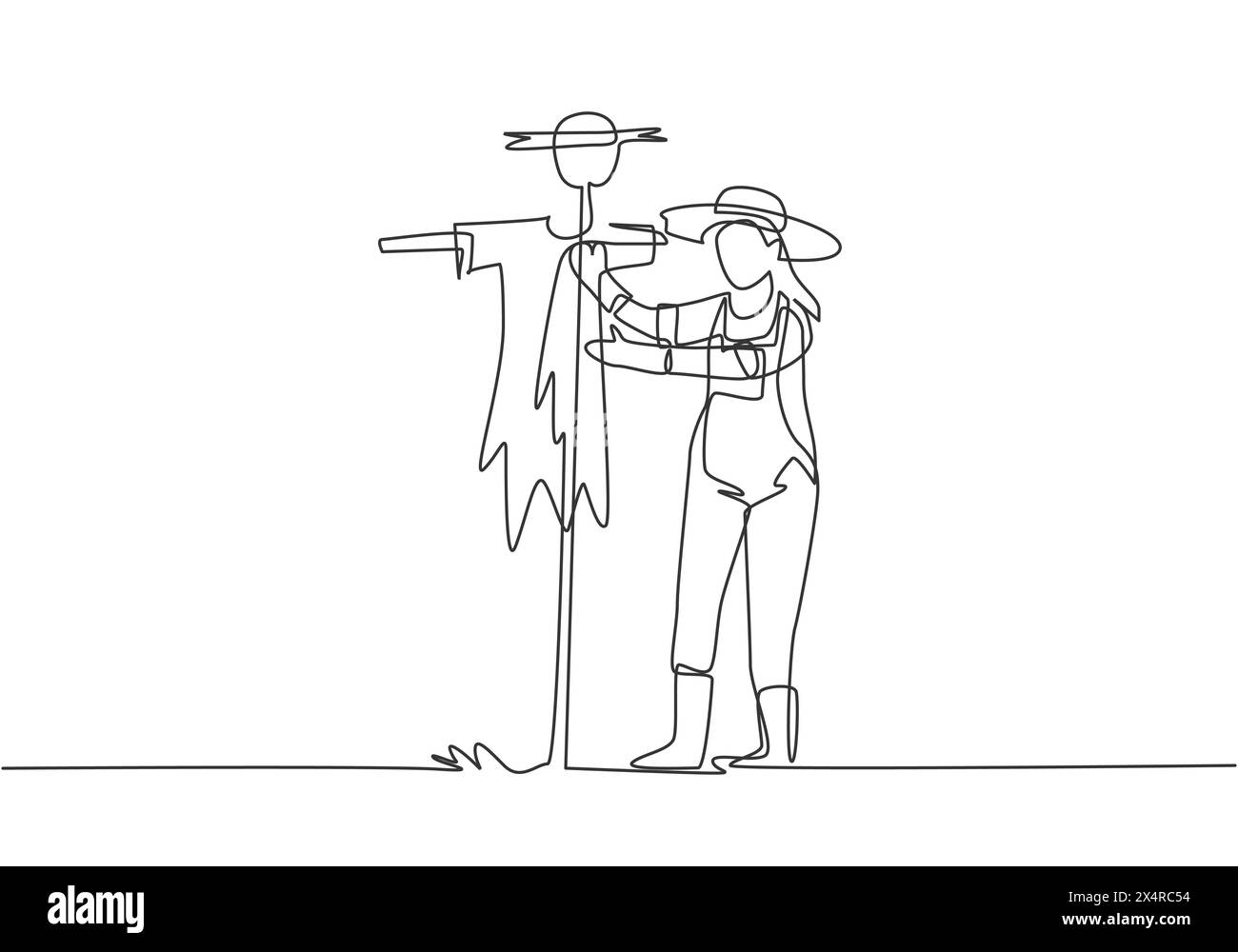 Single continuous line drawing a young female farmer in a straw hat