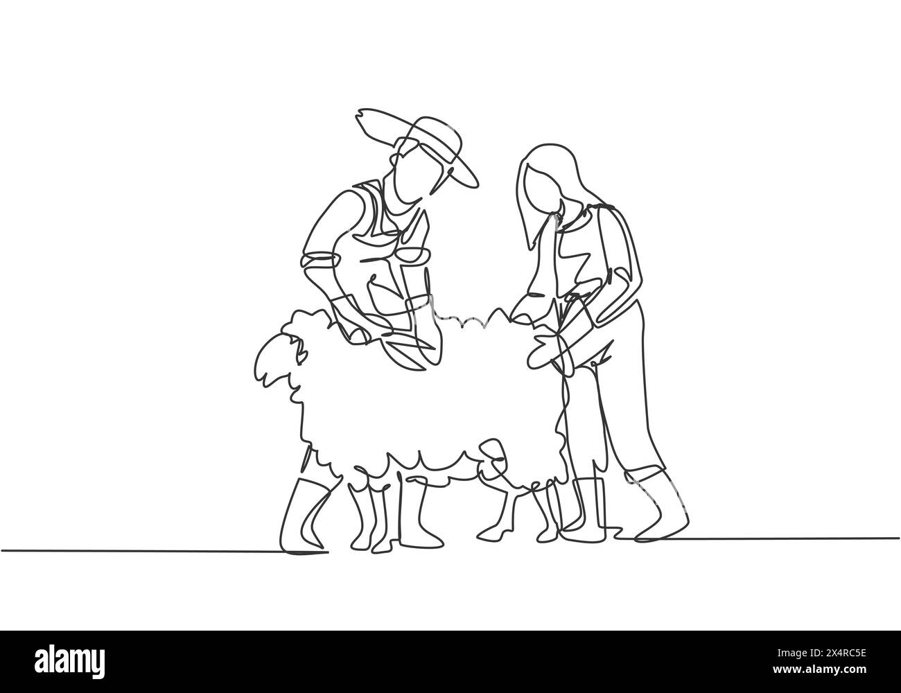 Single continuous line drawing couple farmer was cutting fleece to make a sweater. Done professionally for satisfactory results. Minimalism concept. O Stock Vector