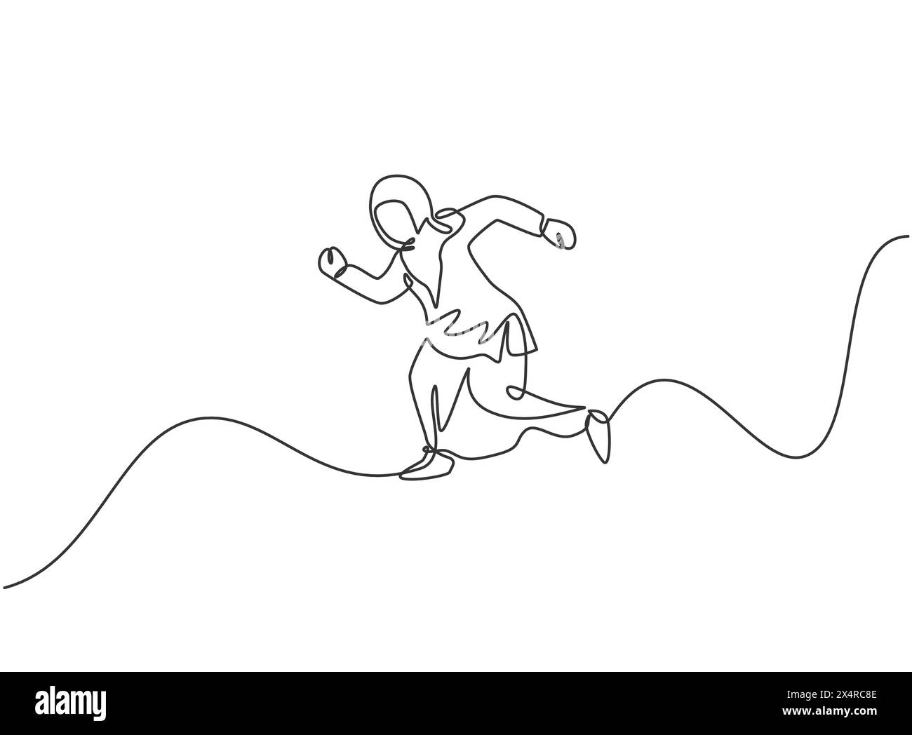 Continuous one line drawing young Arab female worker jumping high to ...