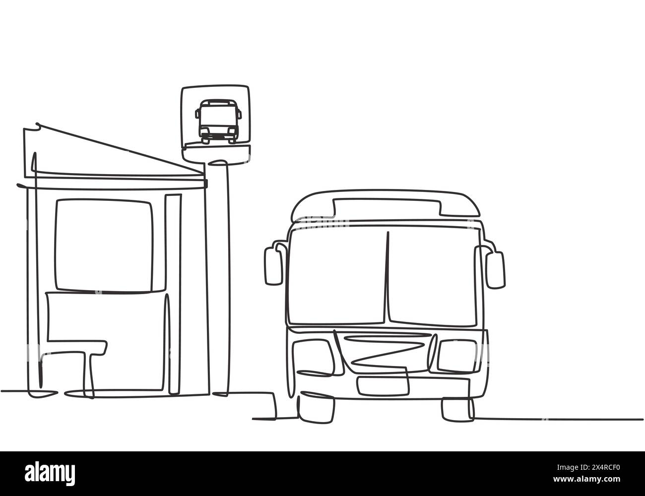 Single one line drawing of bus stop with shelter, simple bus sign and a bus waiting for passengers to get on and off, then continue the journey. Conti Stock Vector