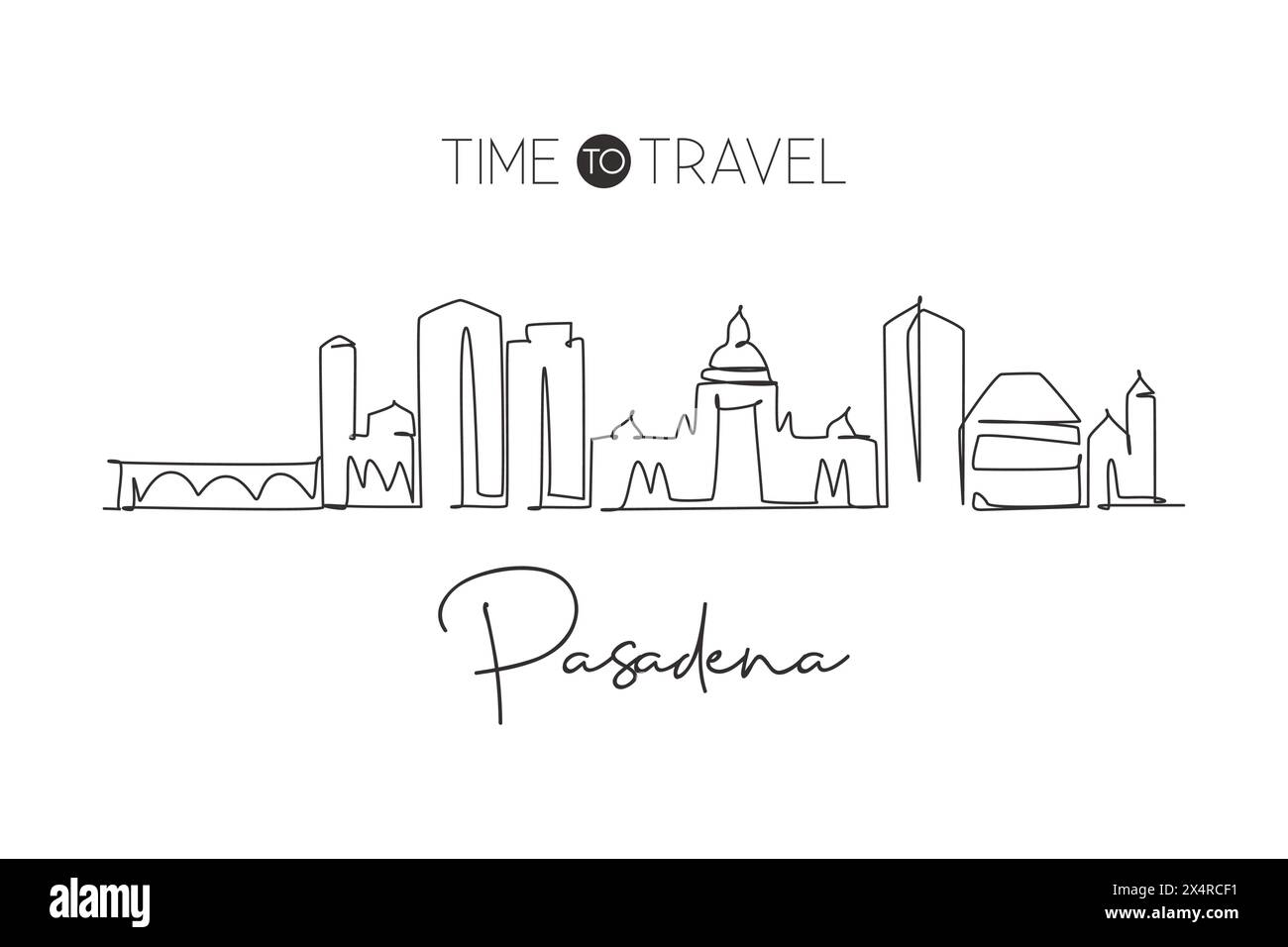 Single continuous line drawing of Pasadena skyline, California. Famous city scraper landscape. World travel home wall decor art poster print concept. Stock Vector