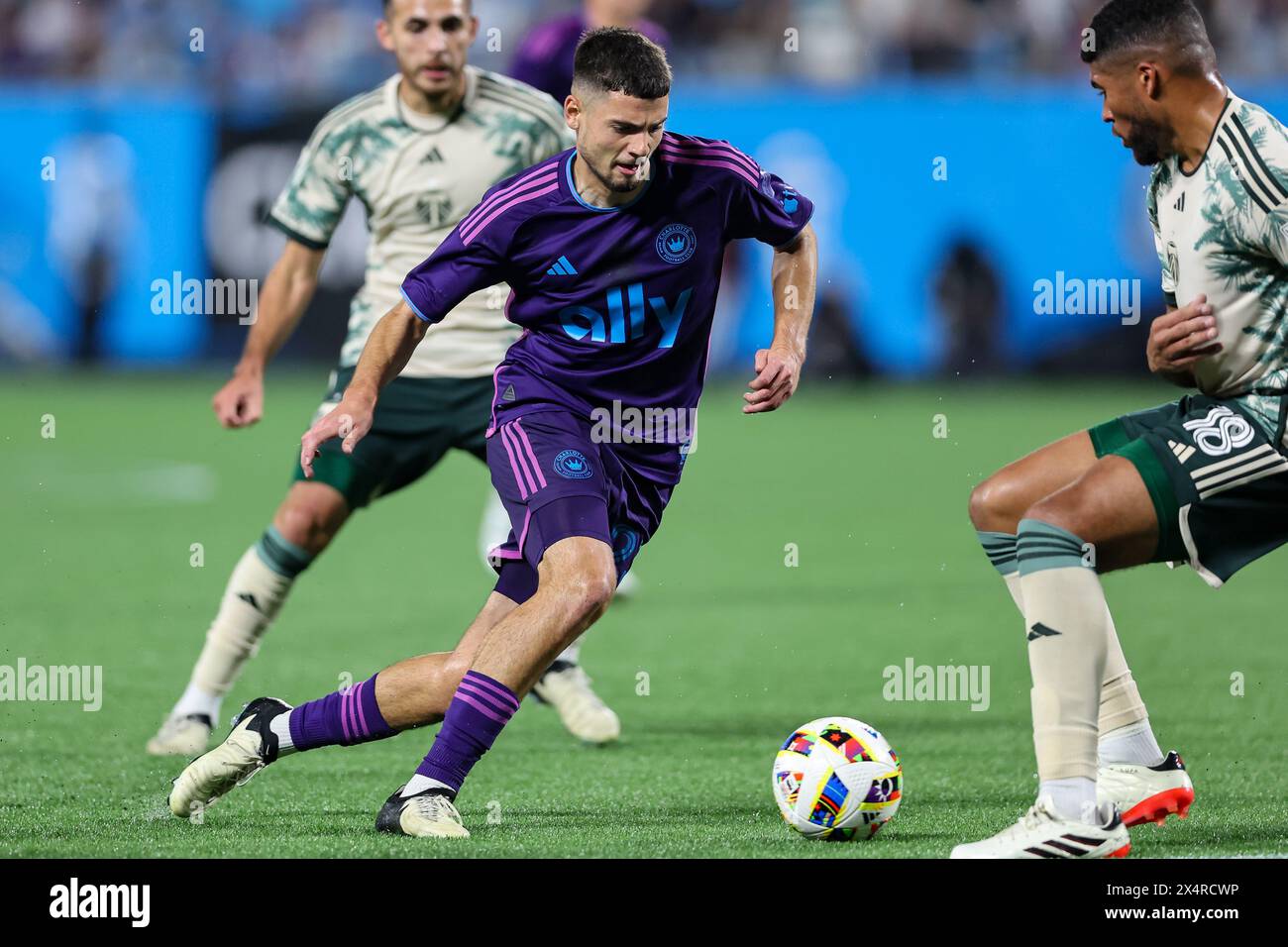 Charlotte, North Carolina, USA. 4th May, 2024. Charlotte FC midfielder NIKOLA PETKOVIC (23) attacks the ball during the second half of the Charlotte FC vs Portland Timbers MLS match at Bank of America Stadium in Charlotte, NC on May 4, 2024. (Credit Image: © Cory Knowlton/ZUMA Press Wire) EDITORIAL USAGE ONLY! Not for Commercial USAGE! Credit: ZUMA Press, Inc./Alamy Live News Stock Photo