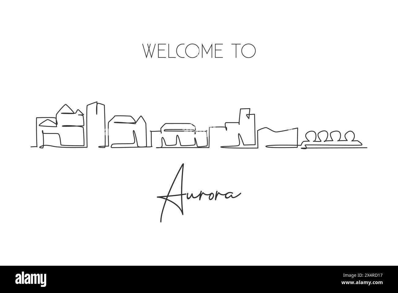 Single Continuous Line Drawing Of Aurora City Skyline, Colorado. Famous 