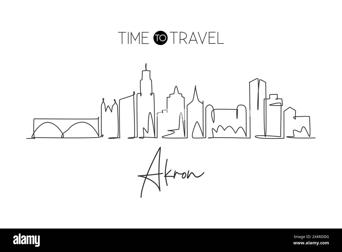 Single continuous line drawing Akron city skyline, Ohio. Famous city scraper landscape. World travel home wall decor art poster print concept. Modern Stock Vector