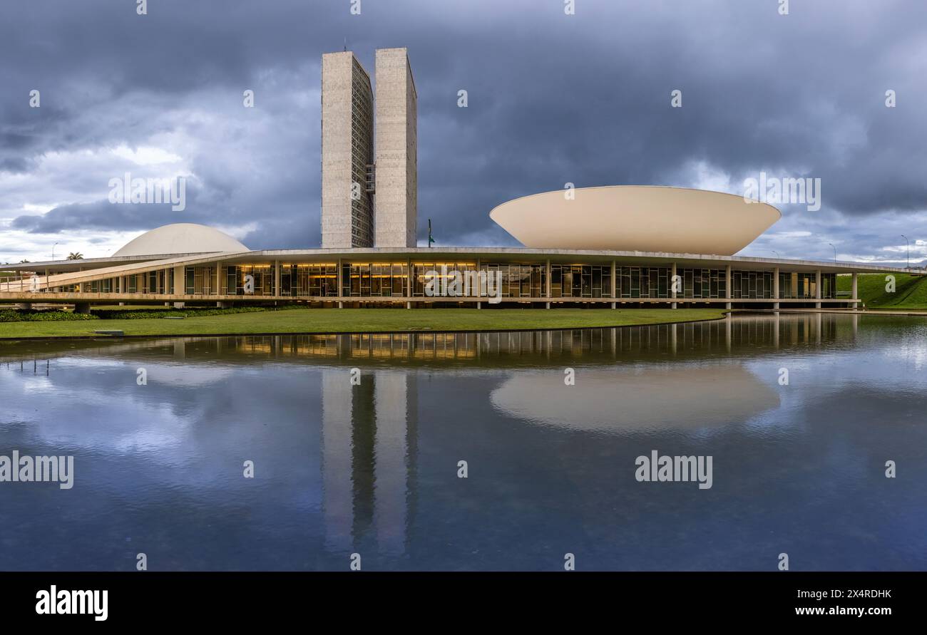 Panorama reflection of the National Congress Palace, Palacio do Congresso Nacional, Federal Capital of Brasilia, Brazil Stock Photo