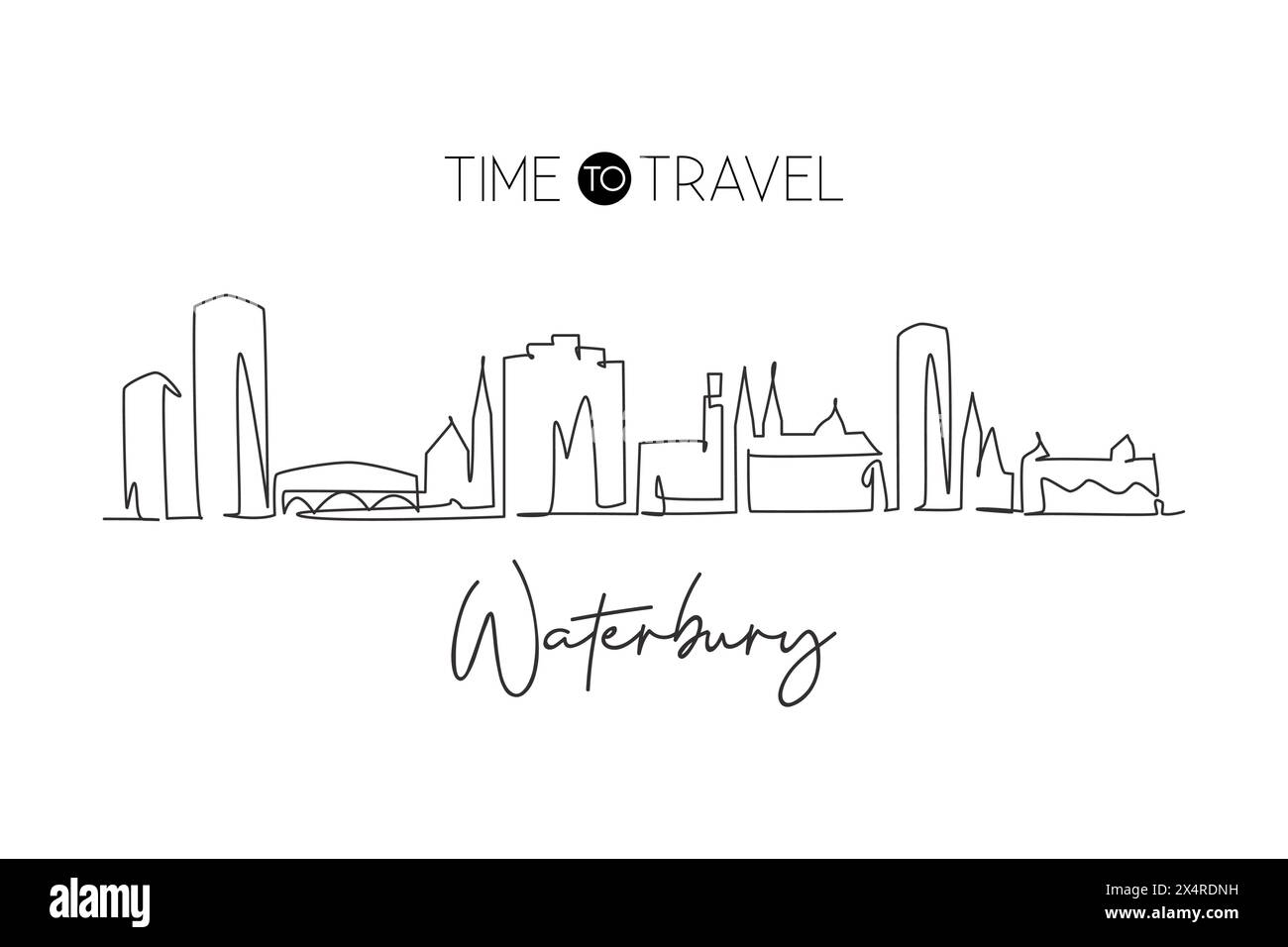 One continuous line drawing Waterbury city skyline Connecticut