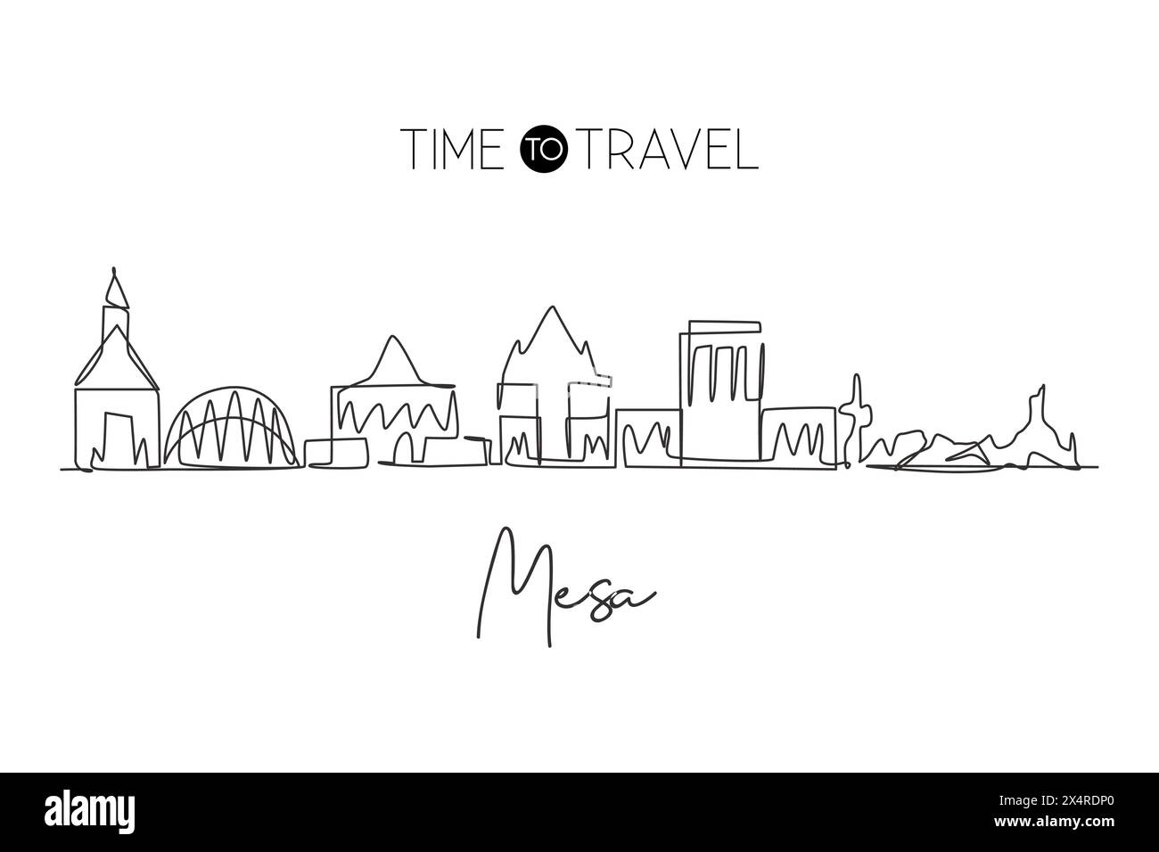 Single continuous line drawing of Mesa city skyline, Arizona, United States. Famous city for wall decor print. World travel concept. Editable stroke m Stock Vector