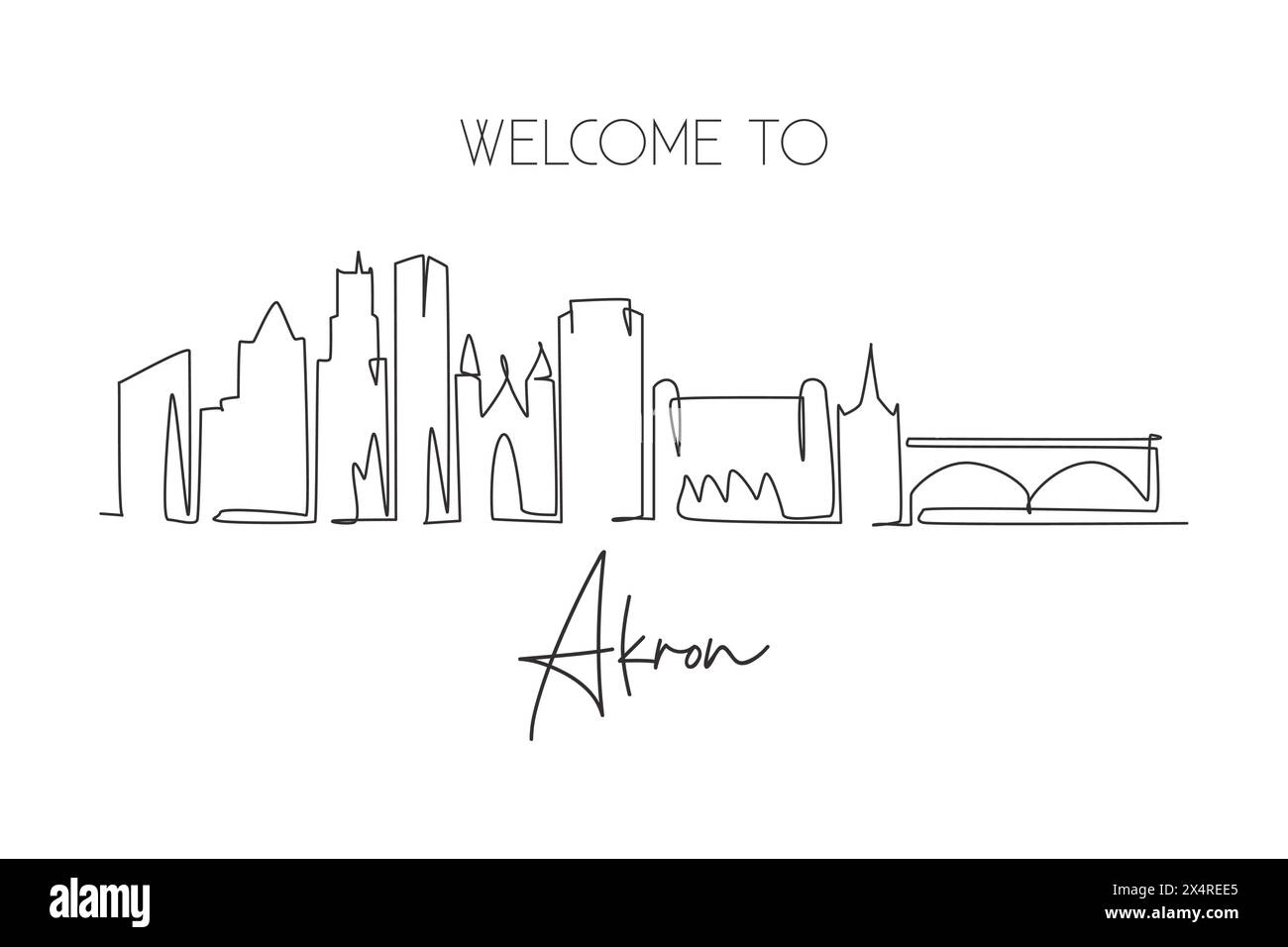 One continuous line drawing of Akron city skyline, Ohio. Beautiful landmark. Beautiful world landscape tourism travel wall decor poster, postcard. Sty Stock Vector