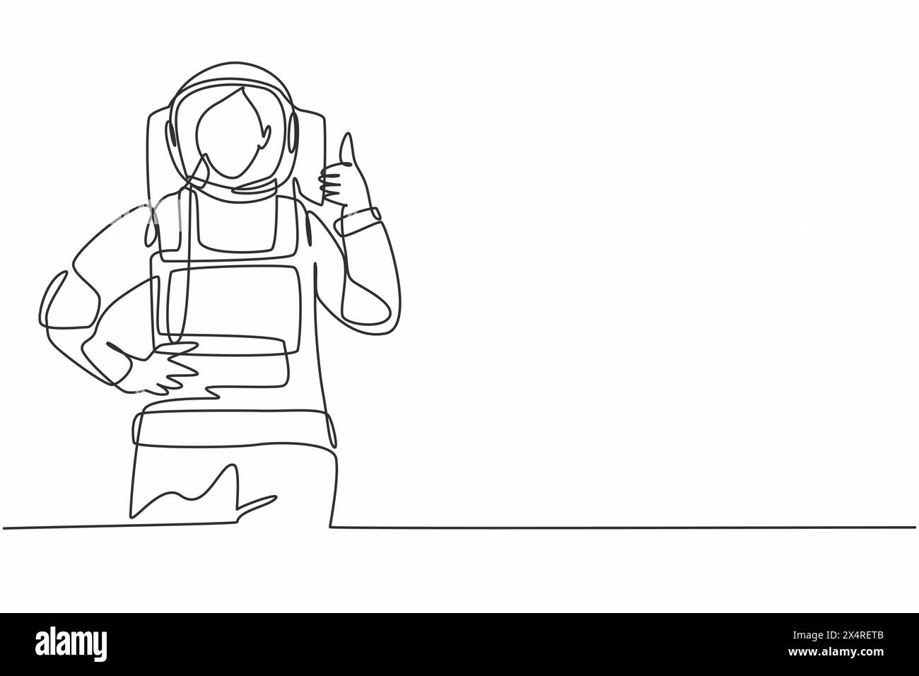 Single one line drawing of female astronauts with a thumbs-up gesture wearing spacesuits to explore space in search the mysteries of universe. Continu Stock Vector