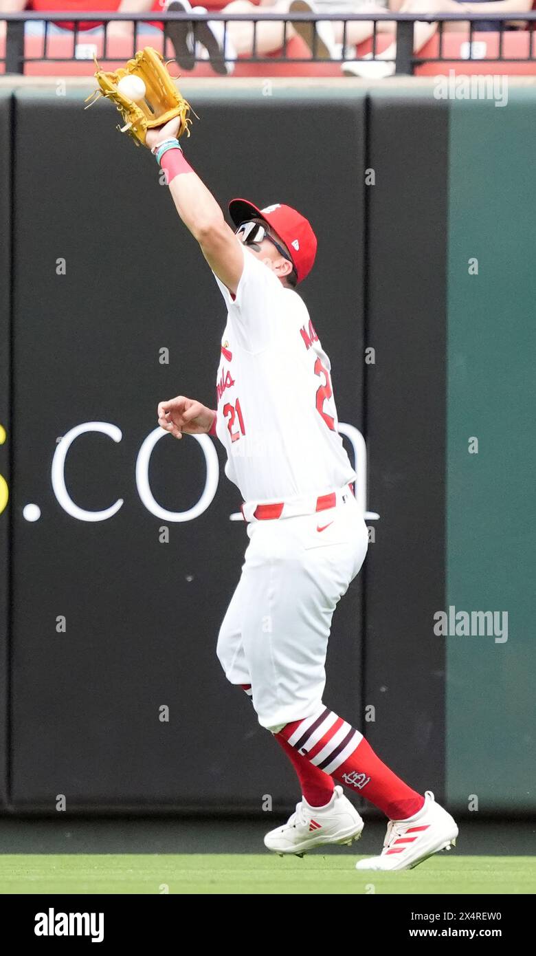 St. Louis, United States. 04th May, 2024. St. Louis Cardinals right fielder Lars Nootbaar makes a catch for an out on Chicago White Sox Braden Shewmake in the second inning at Busch Stadium in St. Louis on Saturday, May 4, 2024. Photo by Bill Greenblatt/UPI Credit: UPI/Alamy Live News Stock Photo