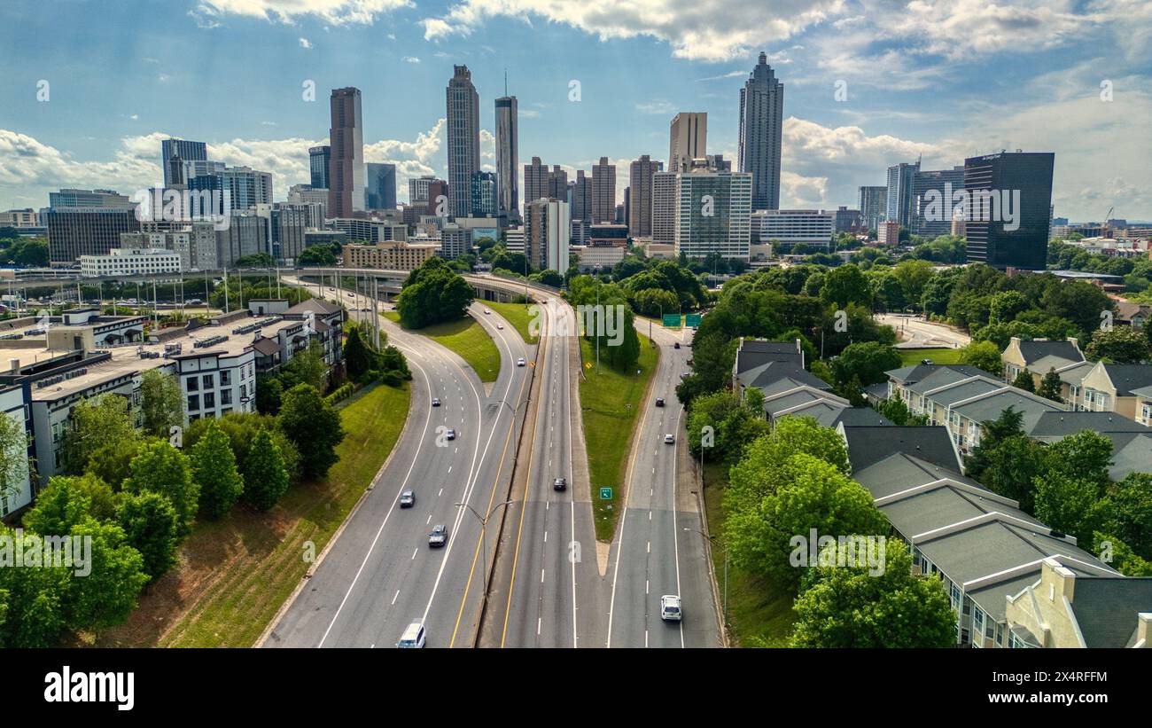 Aerial Panorama view of Atlanta skyline and busy highway shot from Jackson street bridge in Atlanta Stock Photo