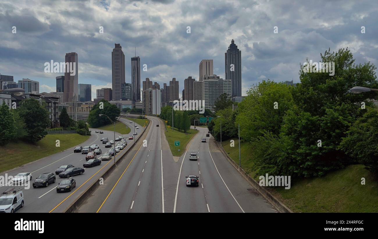 Aerial Panorama view of Atlanta skyline and busy highway shot from Jackson street bridge in Atlanta Stock Photo