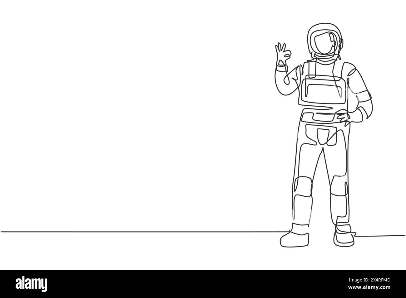 Single continuous line drawing astronaut stands with gesture okay ...