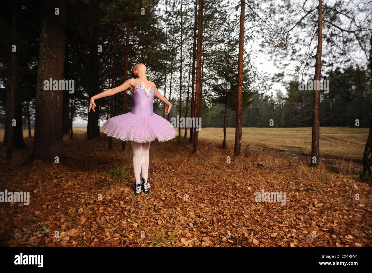 red-haired ballet dancer in sneakers dance among forest Stock Photo