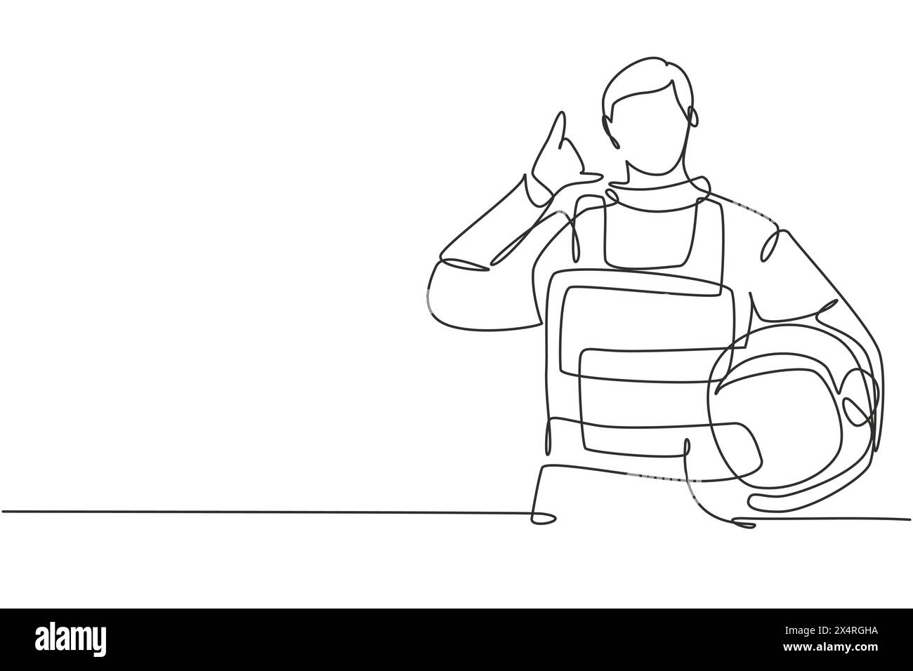 Single continuous line drawing astronaut with call me gesture wearing ...