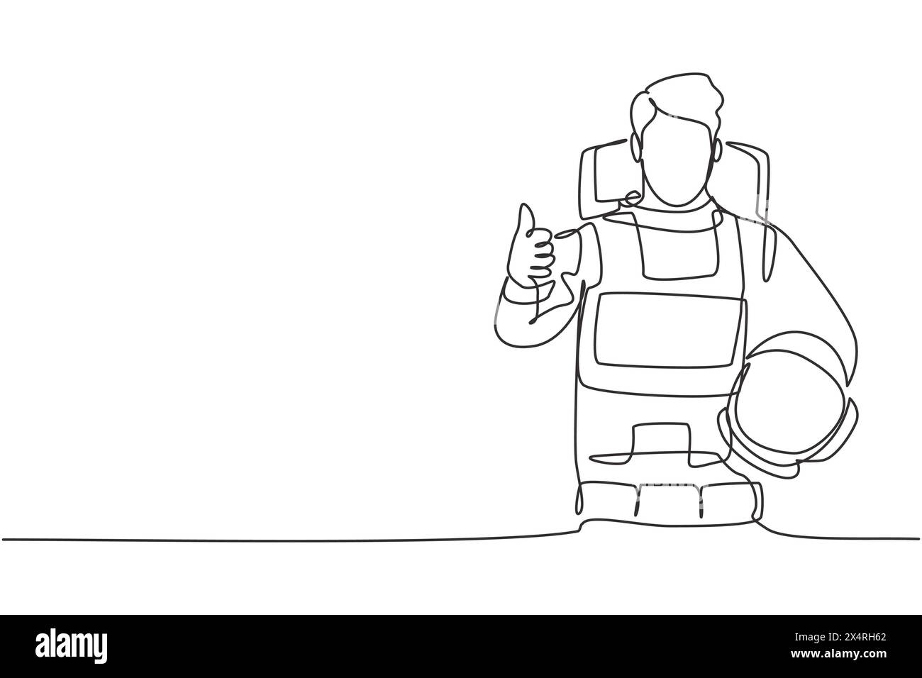 Continuous one line drawing astronauts with a thumbs-up gesture wearing ...