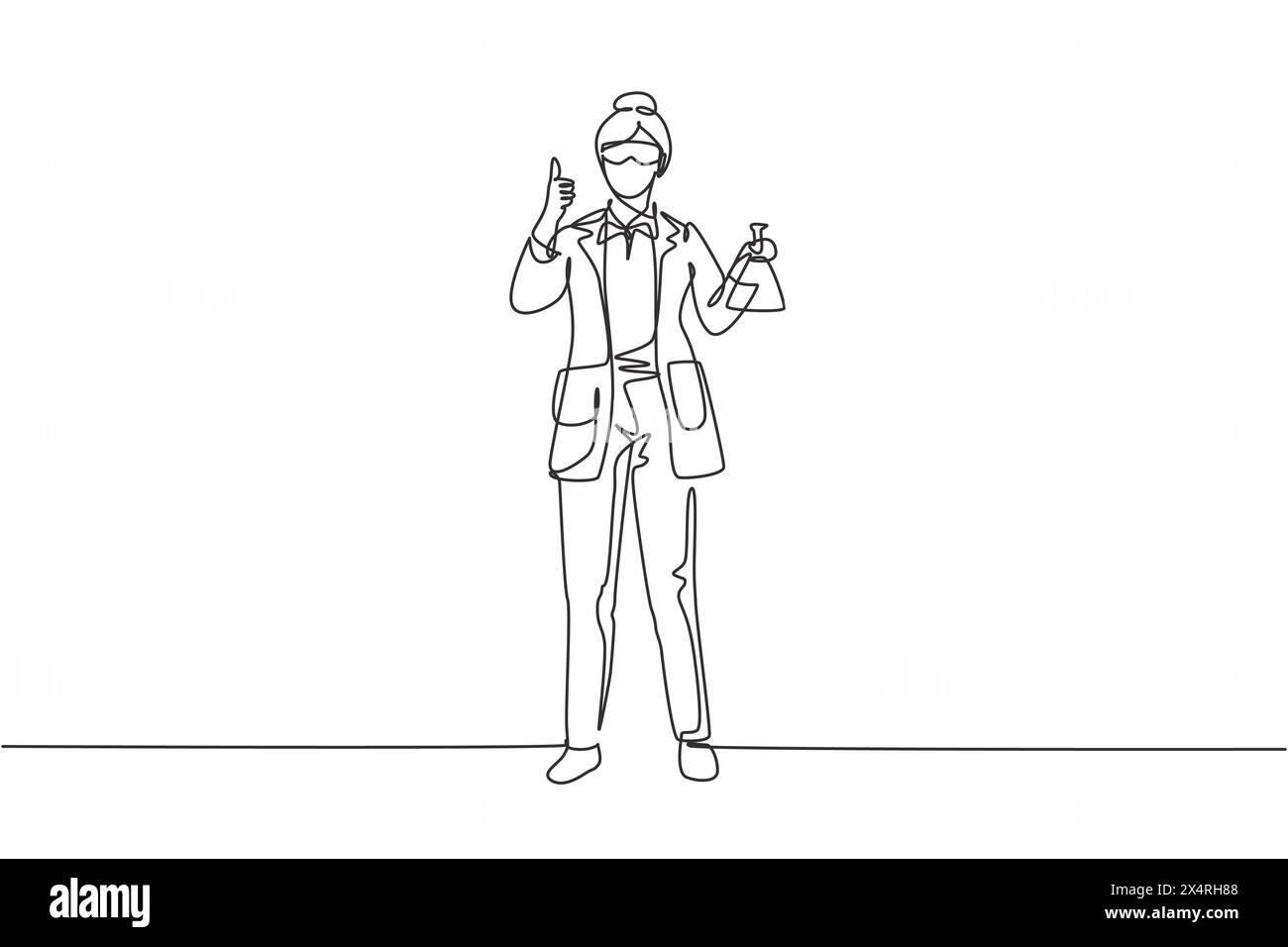 Single continuous line drawing female scientist stands with a thumbs-up ...