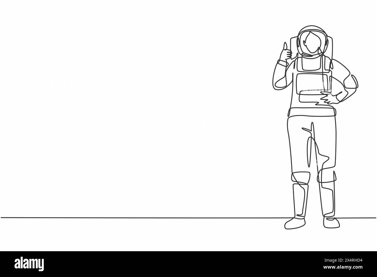 Single continuous line drawing female astronaut stands with thumbs-up gesture wearing space suit exploring earth, moon, other planets in the universe. Stock Vector