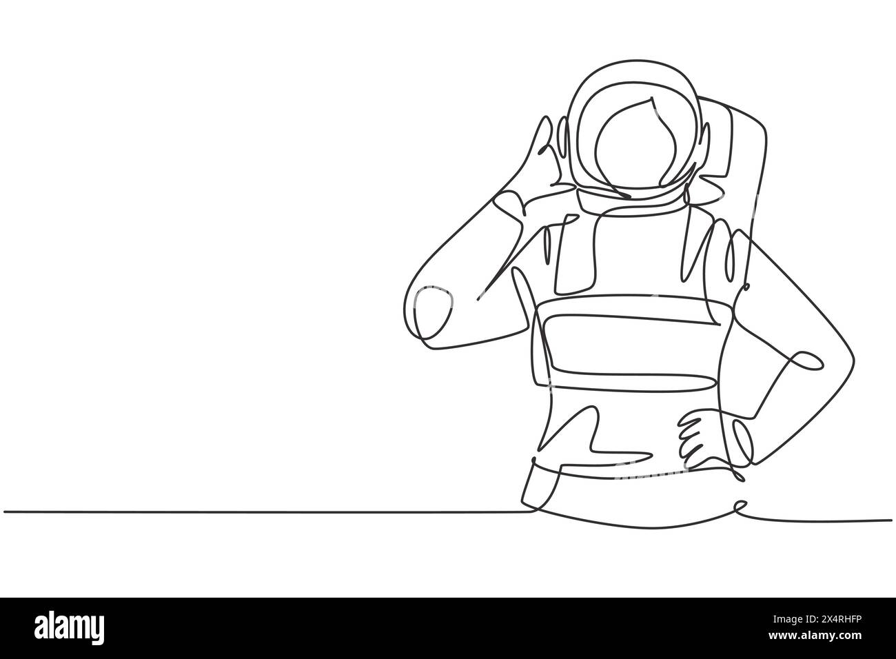 Single one line drawing female astronaut with call me gesture wearing ...