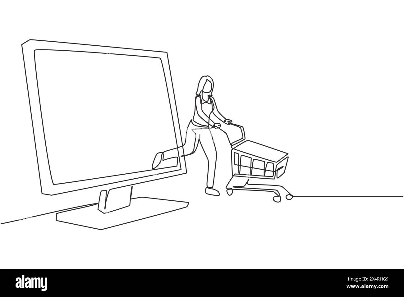 Continuous one line drawing young woman coming out of monitor screen ...