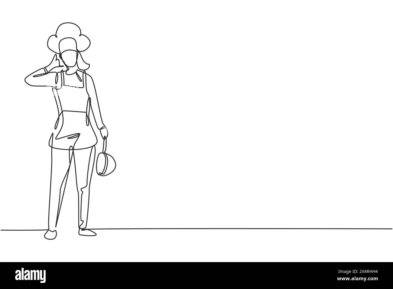 Single one line drawing female chef stands with call me gesture ...
