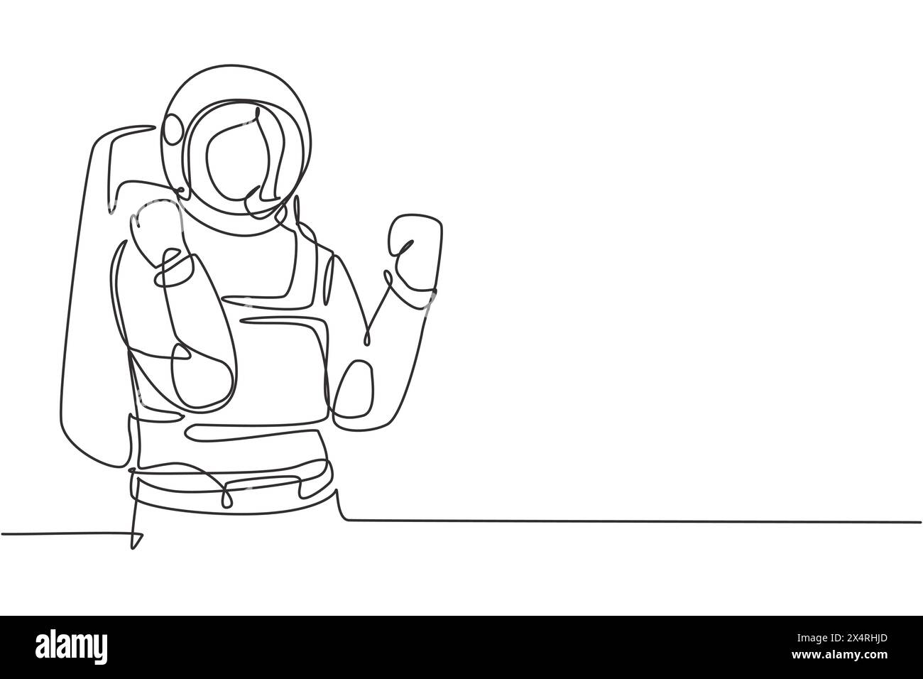 Continuous one line drawing female astronaut with celebrate gesture ...