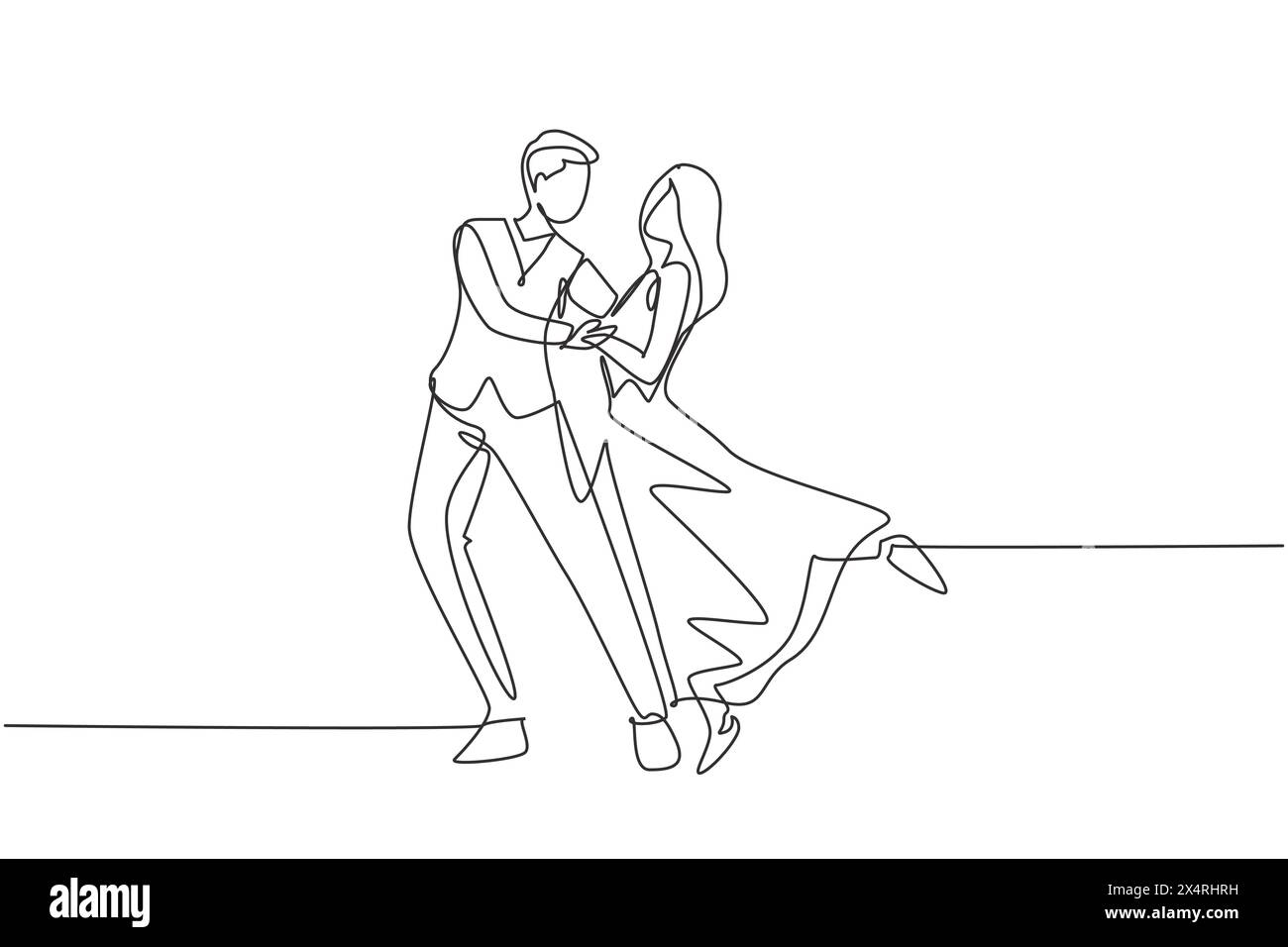 Single continuous line drawing romantic man and woman professional dancer couple dancing tango, waltz dances on dancing contest dancefloor. Dynamic on Stock Vector