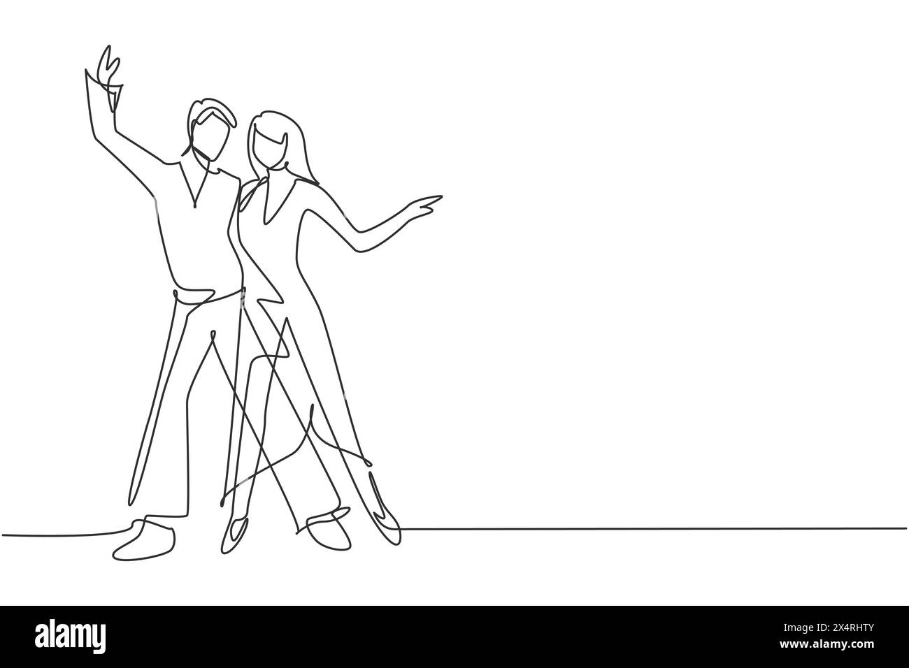 Single one line drawing man and woman professional dancer couple dancing tango, waltz dances on dancing contest dancefloor. Night party. Modern contin Stock Vector