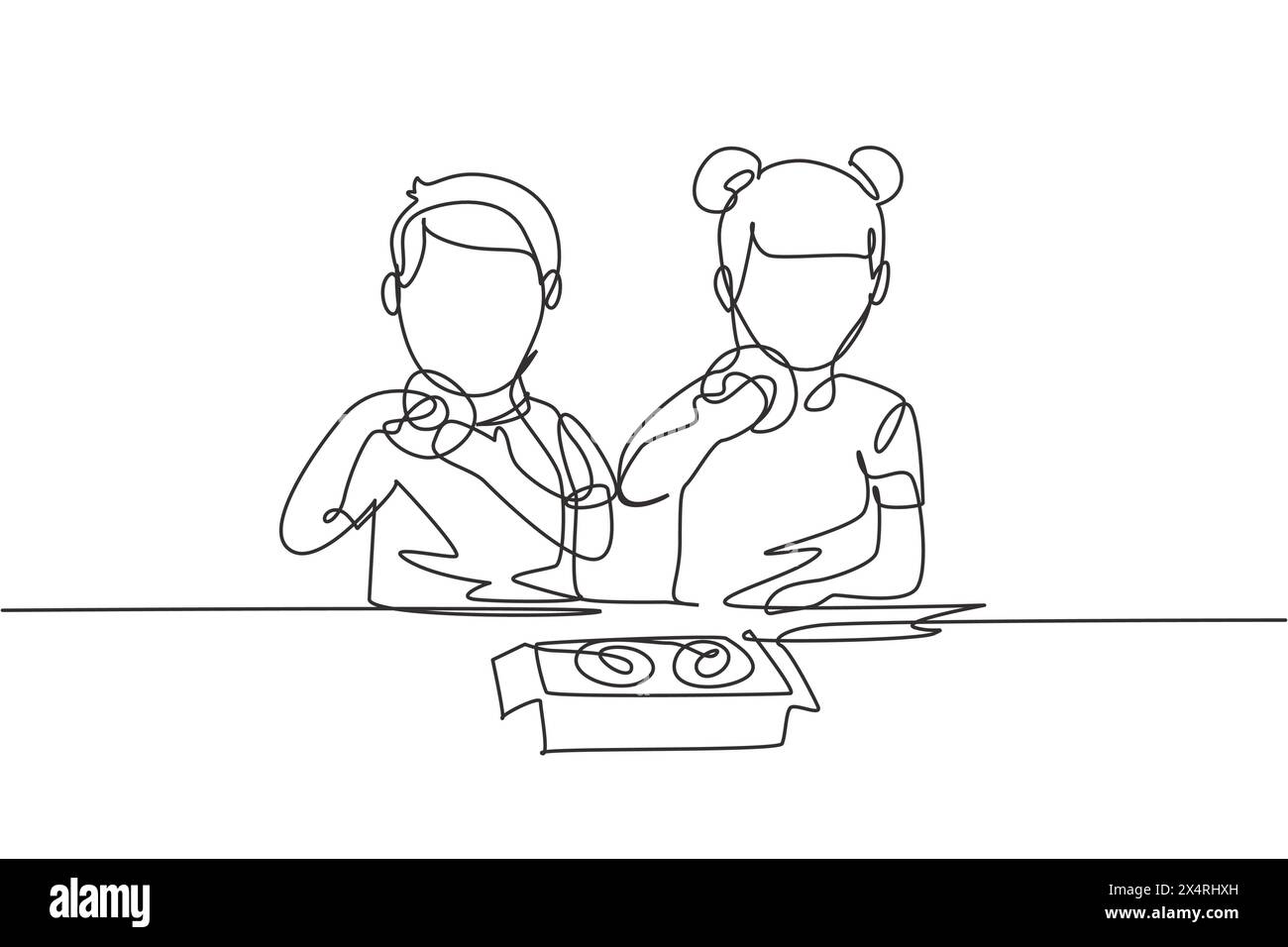 Continuous one line drawing two boy and girl having donuts meal with ...