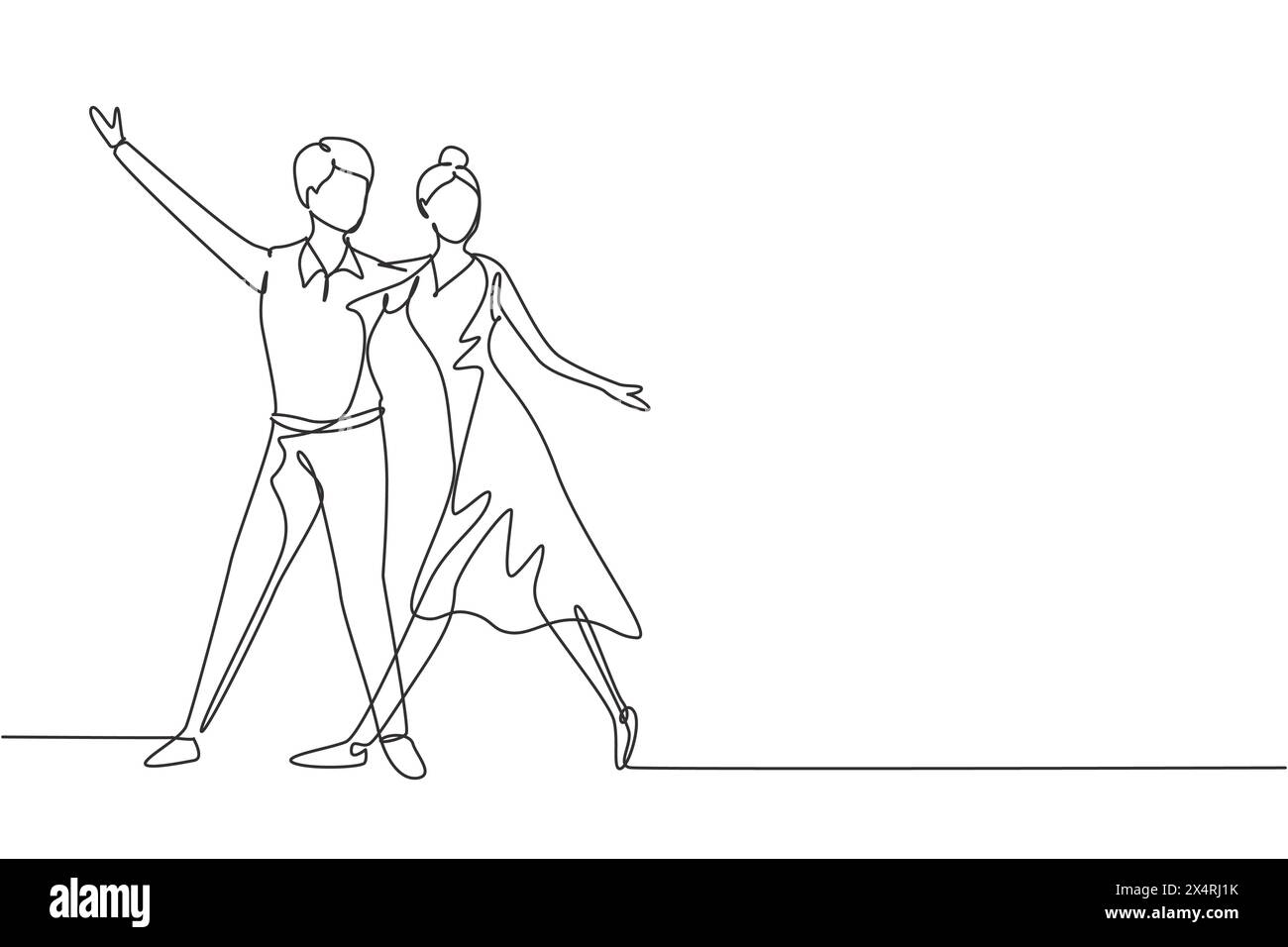 Continuous one line drawing male female professional dancer couple dancing tango, waltz dances together on dancing contest dancefloor. Fun activity. S Stock Vector