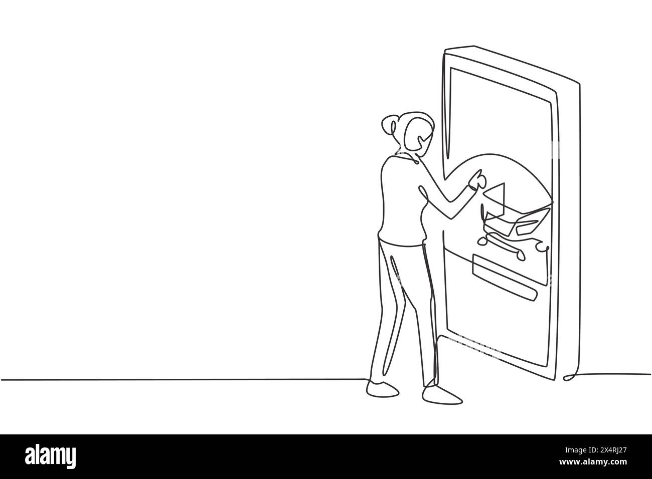 Continuous one line drawing young woman shopping online via giant ...