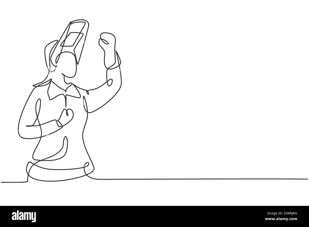Single continuous line drawing female welder with celebrate gesture ...