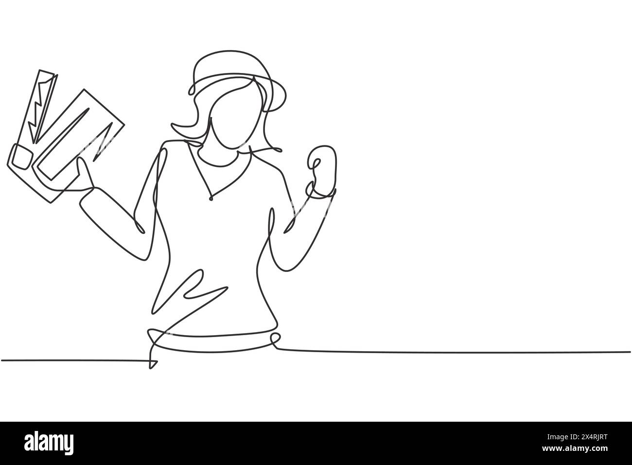 Single one line drawing female film director with celebrate gesture