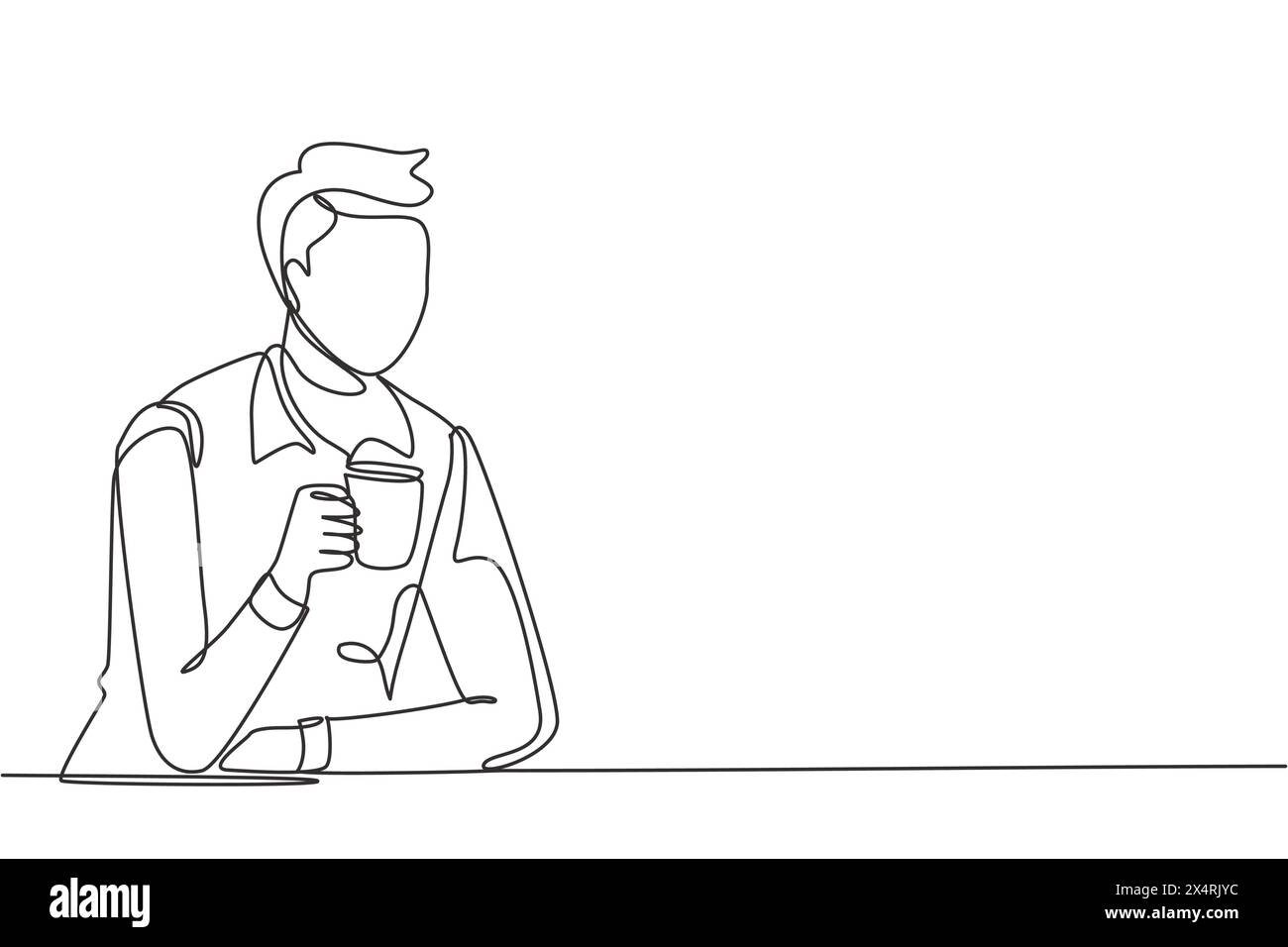 Continuous one line drawing young man sitting and holding a cup of ...