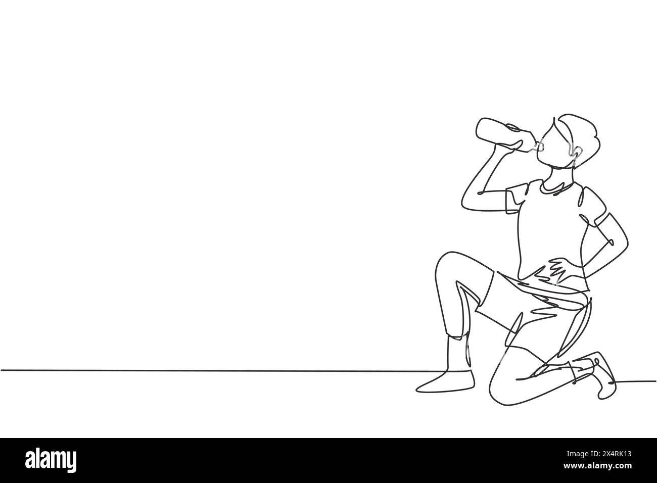 Single one line drawing young man drinking water in bottle while