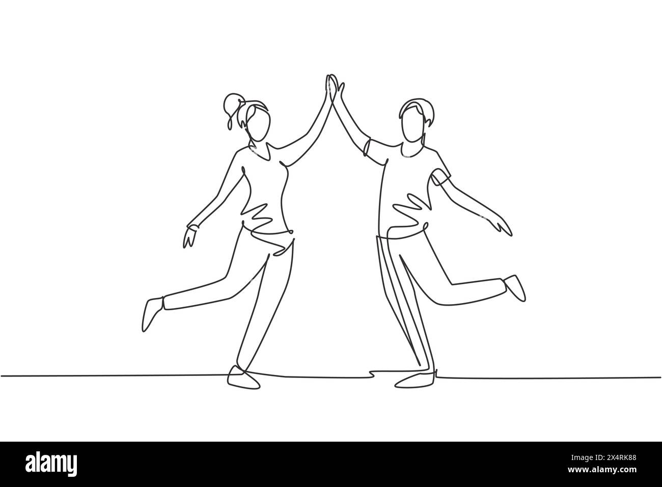 Single one line drawing man and woman performing dance at school, studio, party. Male and female characters dancing tango at Milonga. Modern continuou Stock Vector