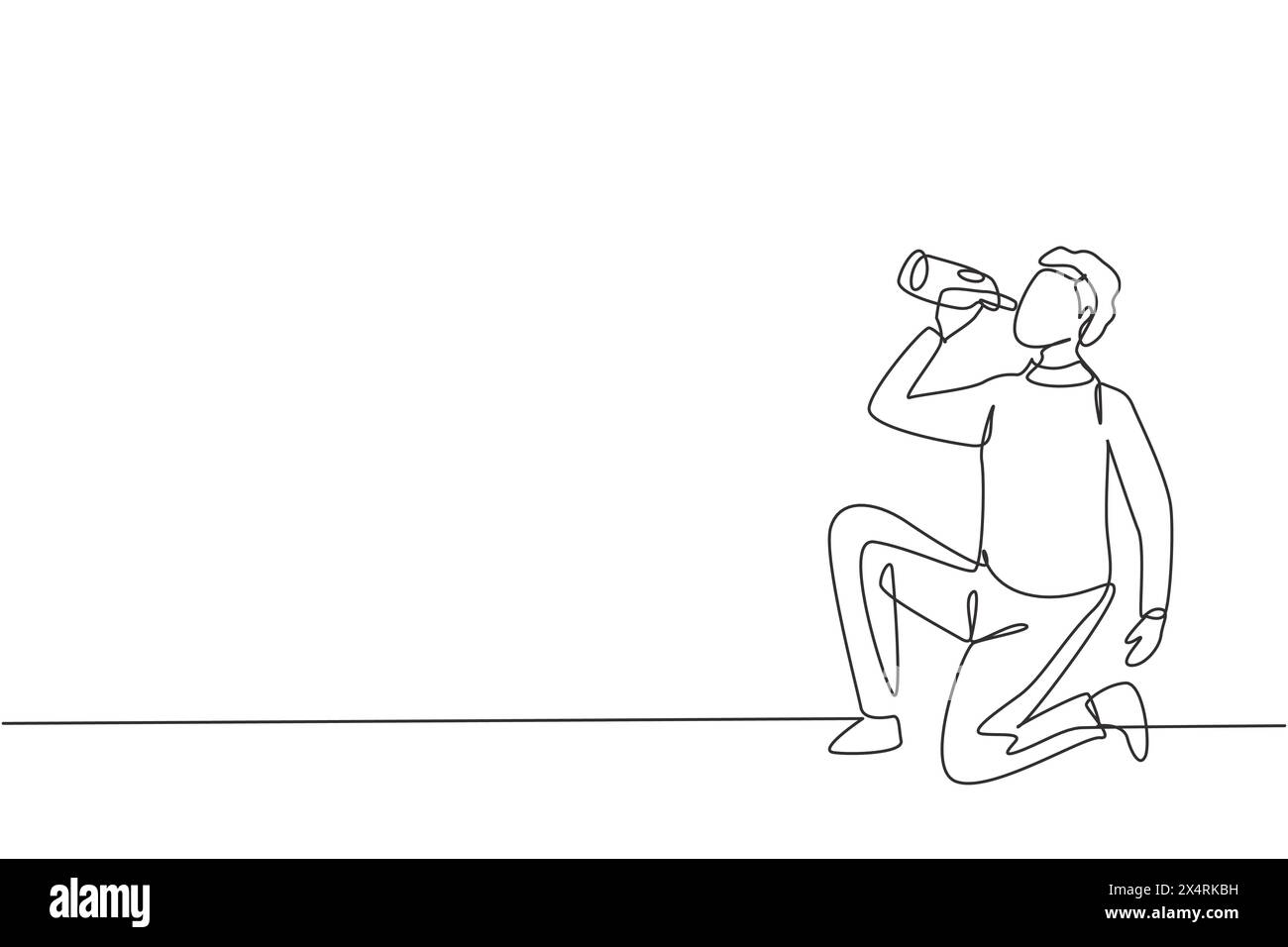 Single continuous line drawing young Arab man drinking water in bottle