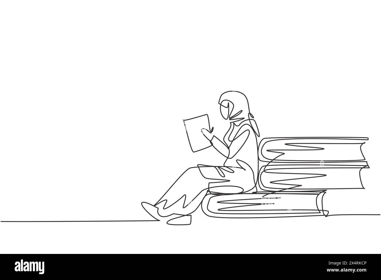 Continuous one line drawing young Arabian female reading, learning and ...