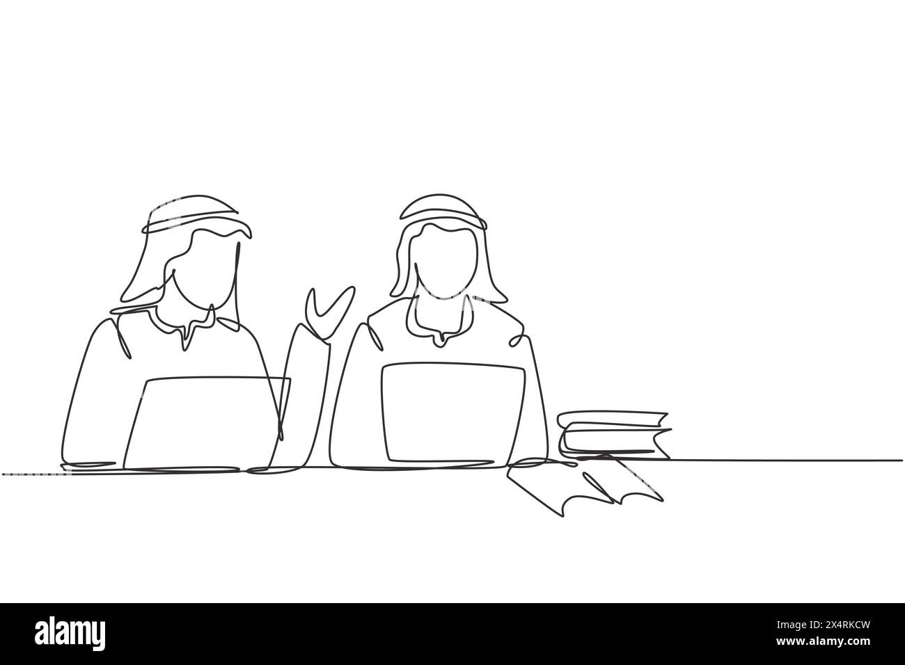 Continuous one line drawing two young Arabian man studying with laptop ...