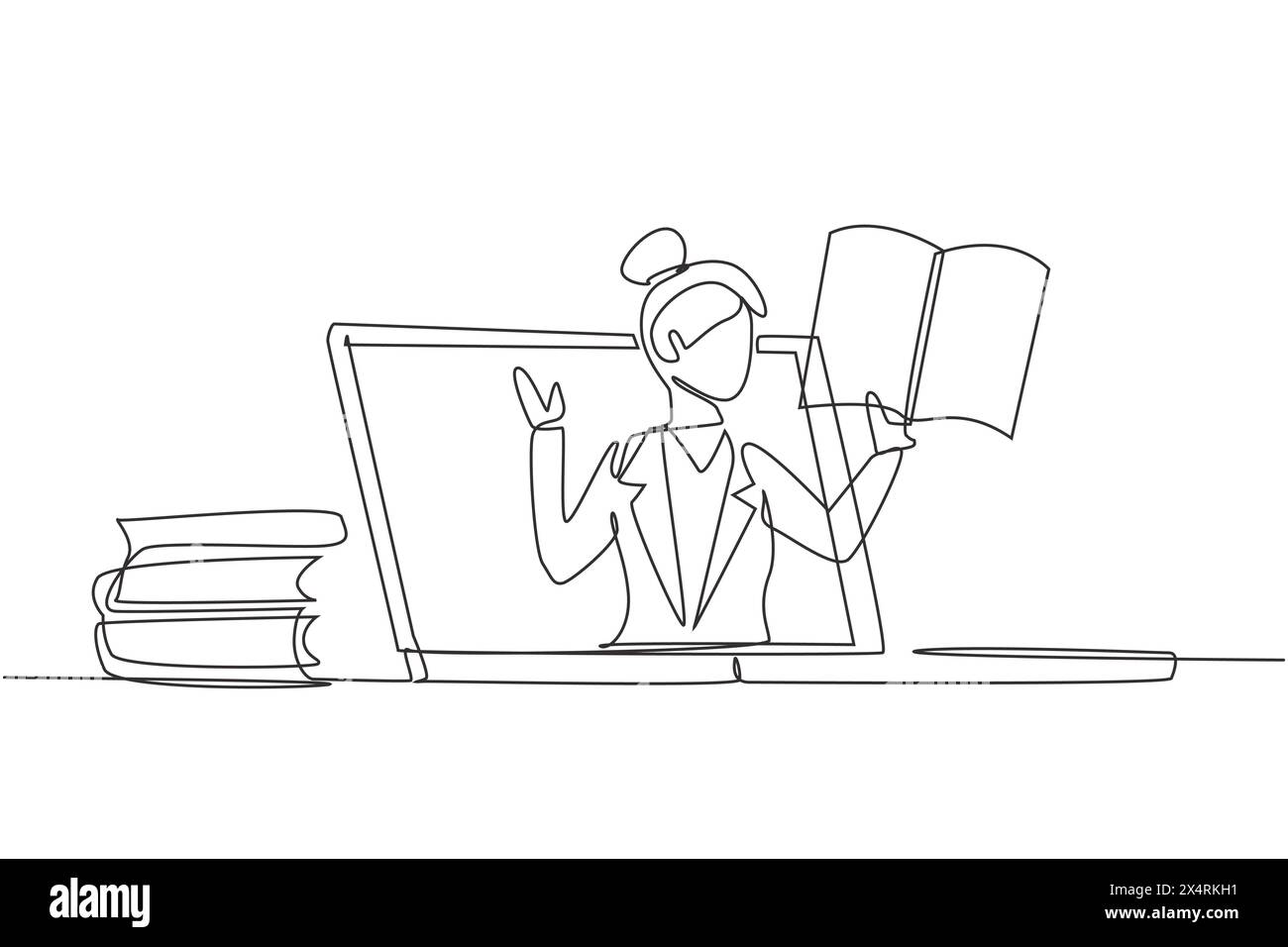 Continuous one line drawing female teacher is teaching, half of her ...