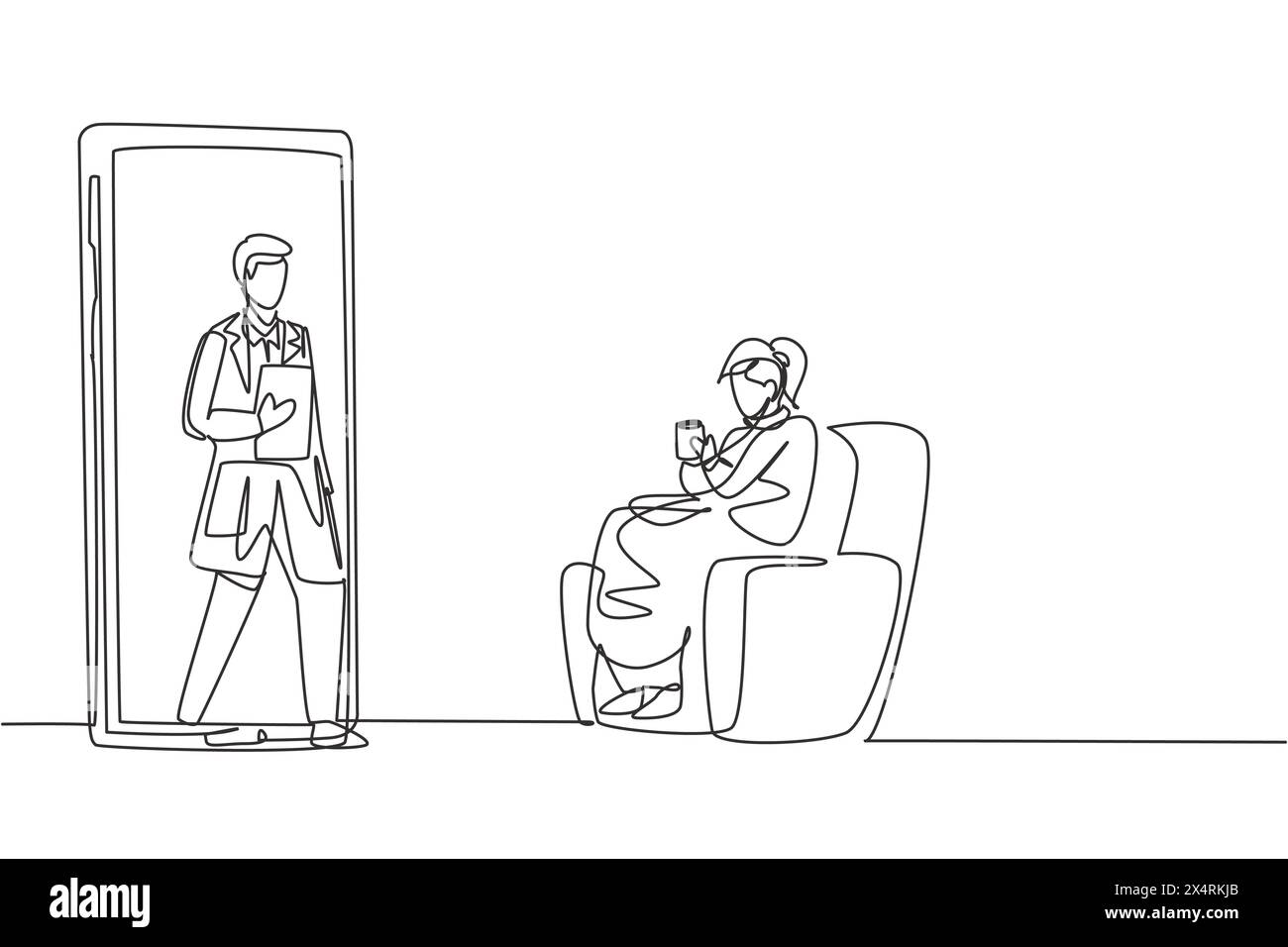 Single continuous line drawing female patient sitting curled up on sofa, using blanket, holding mug and there is male doctor walking out of smartphone Stock Vector