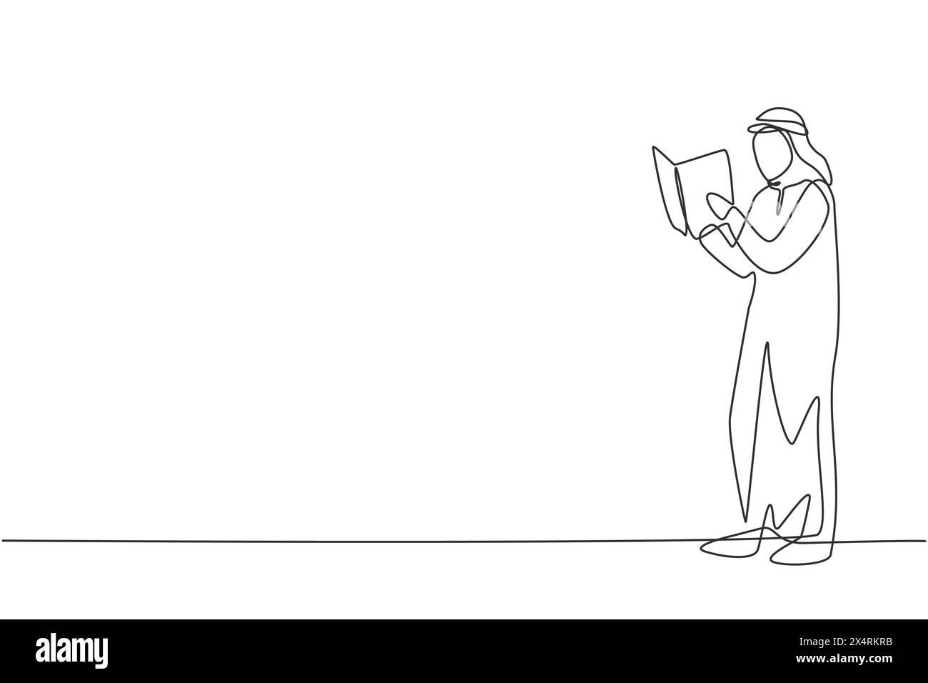 Single one line drawing young Arabian man reading, learning and standing in library. Study alone. Intelligent student, education concept. Modern conti Stock Vector